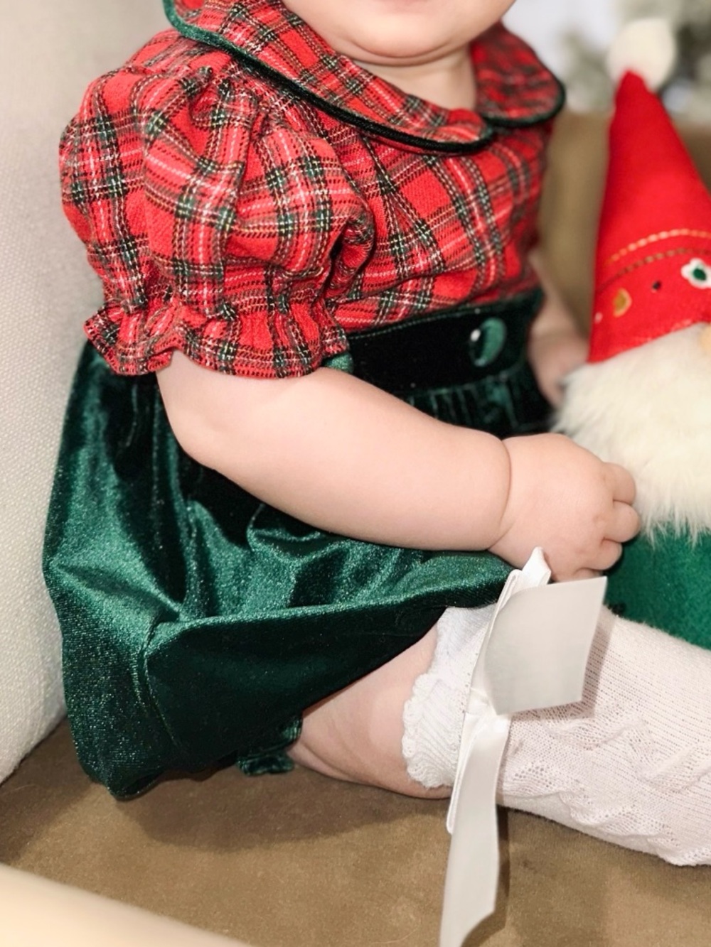 Smocking Place Holiday Plaid Velvet Bubble Red and Green Size 9m